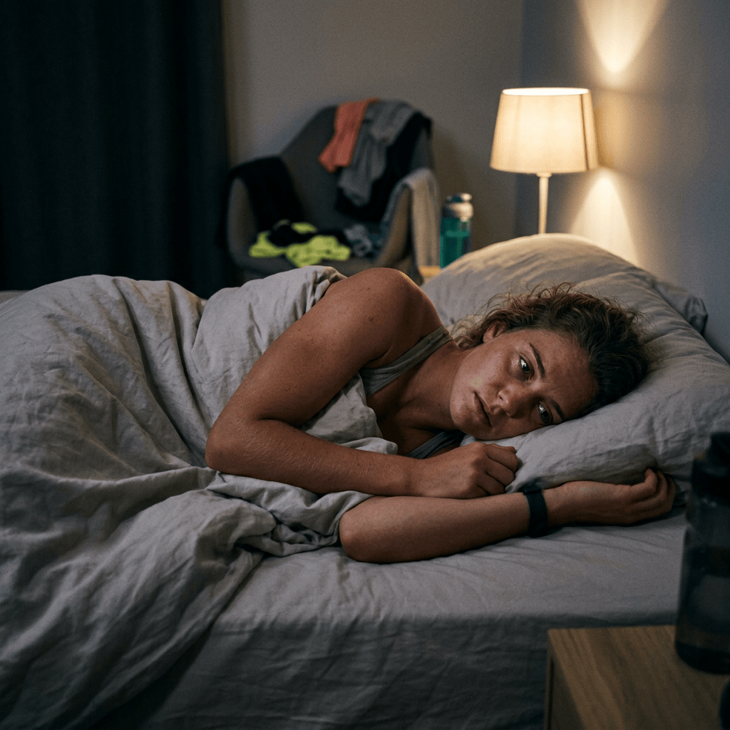 Drowsy exhausted female athlete unable to sleep
