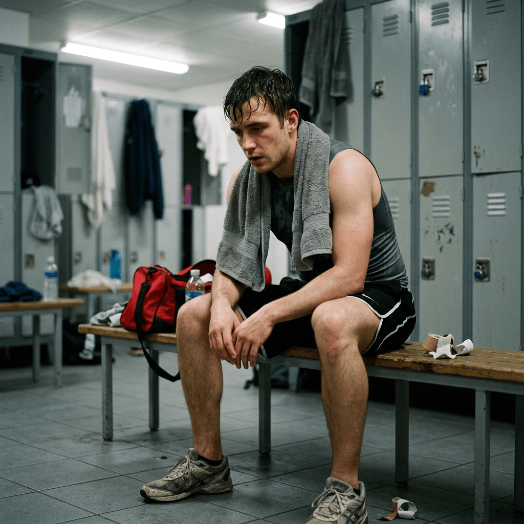 Exhausted athlete sitting after training